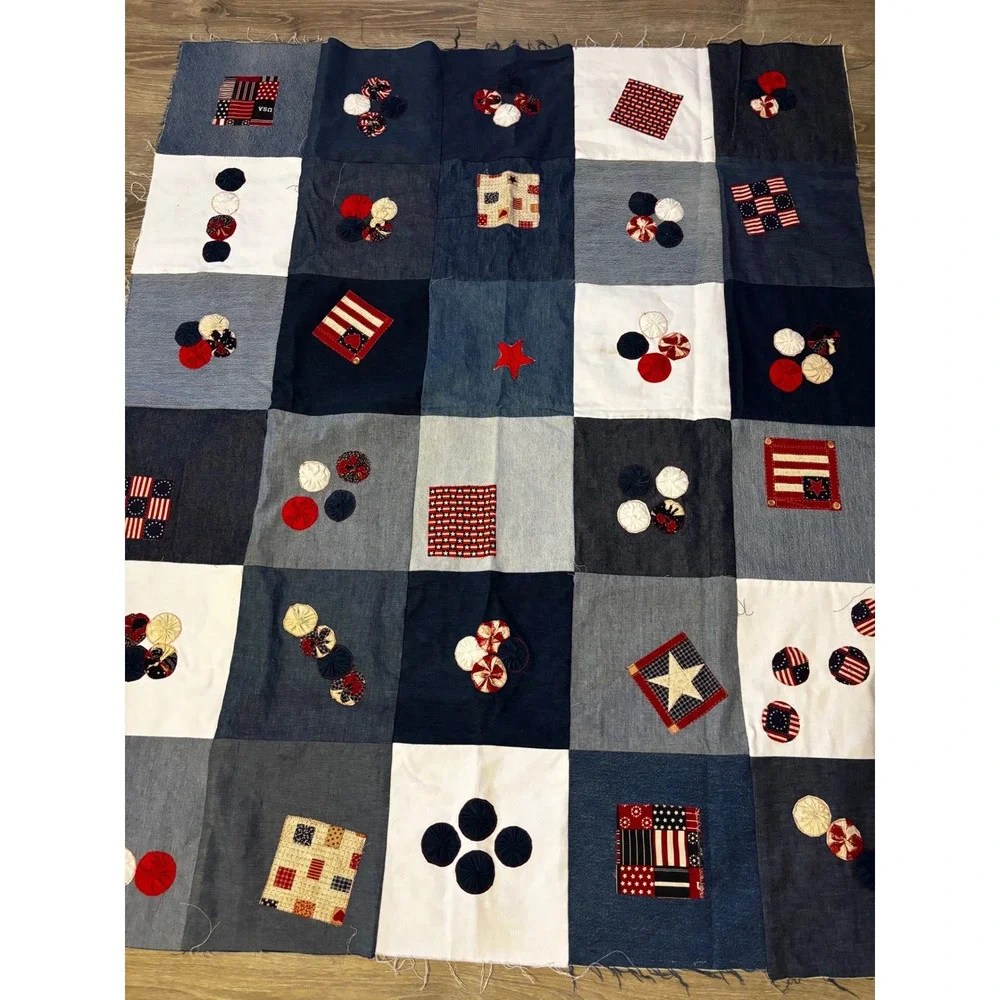Handmade Denim Patchwork Quilt Top Unfinished  Americana Patriotic Yo-Yo 54x45